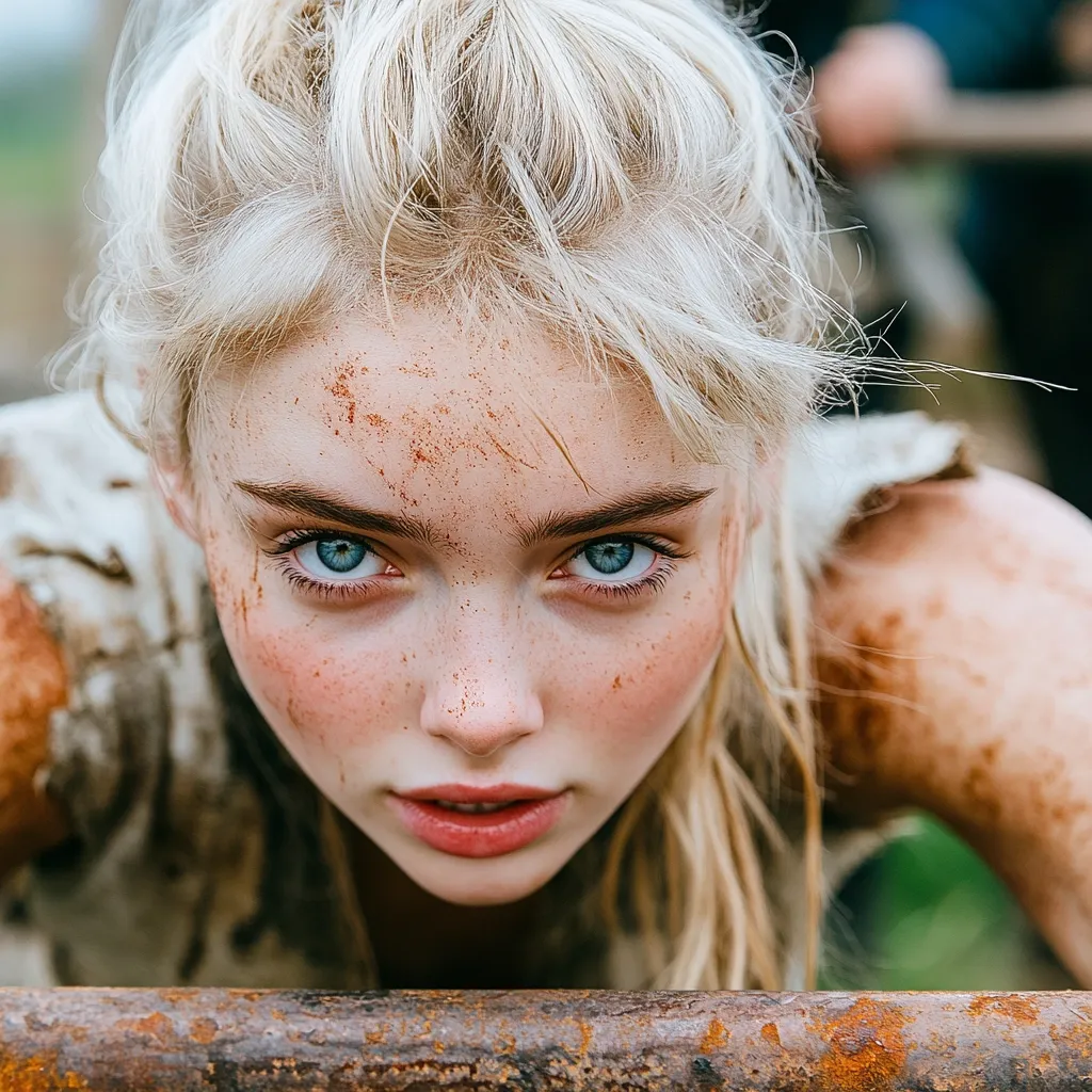 Close-up view of a young woman with fair skin and platinum blonde hair.  Her face is smeared with dirt, suggesting physical exertion or a challenging environment.  She has striking blue eyes and freckles visible through the grime. Her expression is intense and direct, gazing intently at the viewer from a low angle.  She appears to be leaning over a rusty metal bar, which is partially visible at the bottom of the frame. The background is blurred, indicating a depth of field focused on the woman's face. The overall image evokes a sense of strength and resilience.