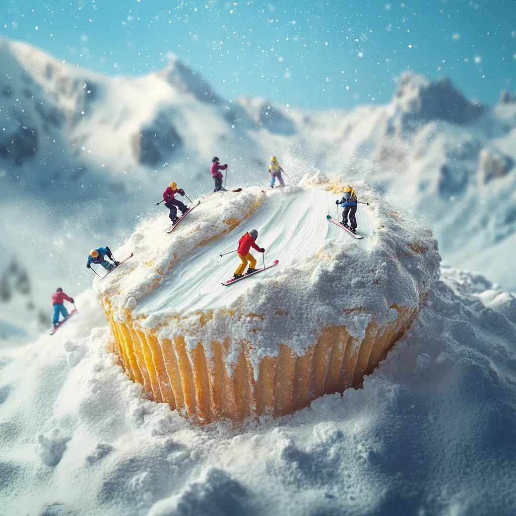 Miniature skiers descend a snow-dusted cupcake mountain against a backdrop of snowy peaks.  The scene is whimsical and playful, with tiny skiers in brightly colored clothing carving trails in the sugary frosting.  The cupcake forms the central focus, its icing resembling fresh powder snow. The overall effect is a fantastical winter wonderland created with a delicious twist.