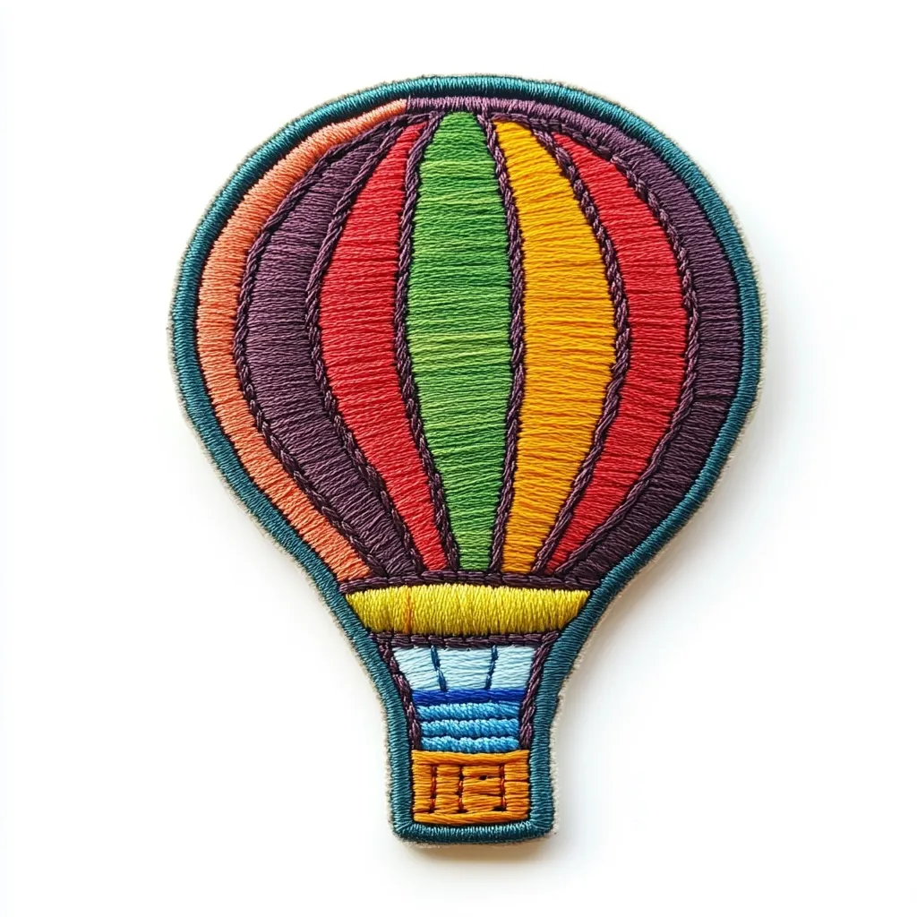 Here's a description of the image:

The image shows a vibrant, embroidered patch shaped like a hot air balloon. The balloon's envelope is depicted in bold, vertical stripes of red, orange, green, and purple, meticulously stitched with colorful thread. The basket below is a smaller, teal-colored rectangle, with hints of light blue and orange thread detail. The entire patch is outlined with a darker teal thread, and it's presented against a plain white background, making the colorful design pop. The style is whimsical and playful, suggesting a handmade or artisanal craft.