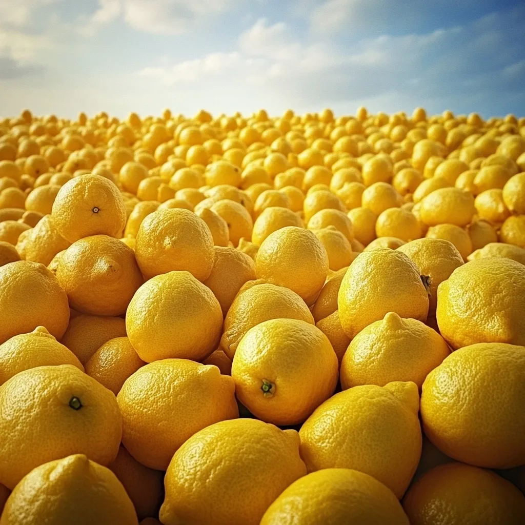 A vast expanse of bright yellow lemons fills the frame, extending to a light blue sky in the distance.  The lemons are densely packed together, creating a textured and vibrant scene.  The top of the pile is slightly uneven, suggesting a large quantity of fruit.  The image's focus is on the abundant lemons, creating a feeling of richness and plenty.  Individual lemons vary slightly in size and shade, adding visual depth.