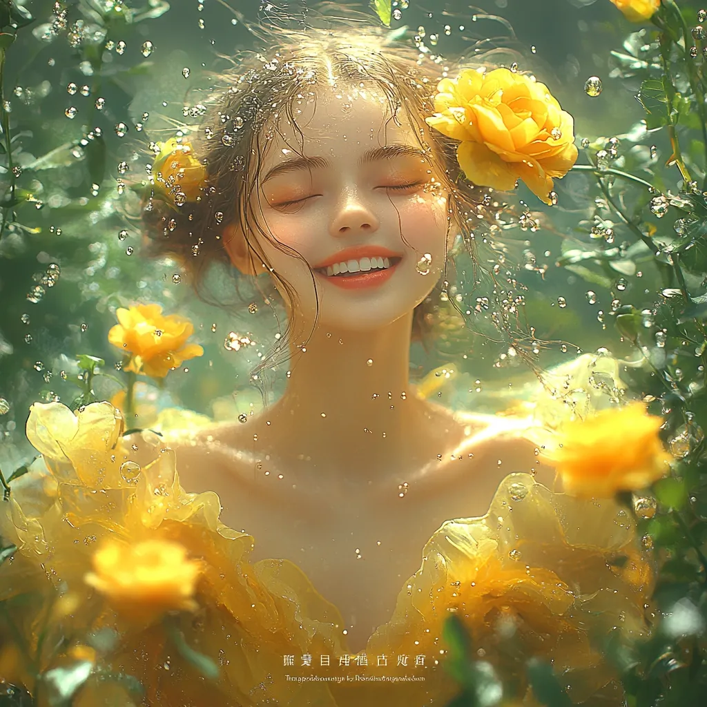 A young woman with eyes closed, smiles serenely while submerged in a pool of water surrounded by yellow roses.  Bubbles rise around her as sunlight filters through the water, illuminating her flowing yellow dress. The image evokes a feeling of peace and ethereal beauty, with a dreamy, soft focus.