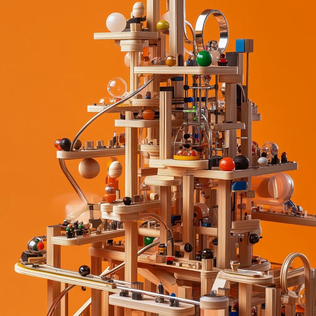 A complex, multi-level wooden structure resembling a miniature city or intricate machine is showcased against a vibrant orange backdrop.  The design incorporates numerous ramps, tracks, and tubes, along with small colorful balls and spherical glass elements.  It appears to be a kinetic sculpture or a highly detailed marble run, with various gears and mechanisms visible throughout its elaborate construction. The wood grain is clearly visible, highlighting the craftsmanship.