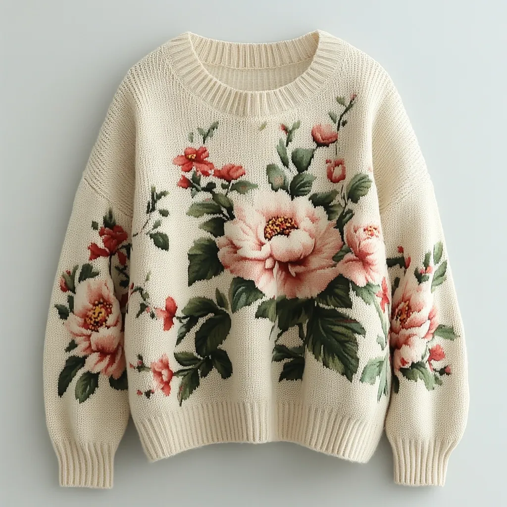 A cream-colored knitted sweater features a prominent floral design.  Large pink and red peonies, rendered in a painterly style, are the centerpiece, surrounded by smaller blossoms and green foliage.  The flowers are intricately embroidered or knitted into the fabric, creating a textured, almost three-dimensional effect. The sweater has a relaxed fit with long sleeves and a round neckline.  The overall aesthetic is romantic and feminine.