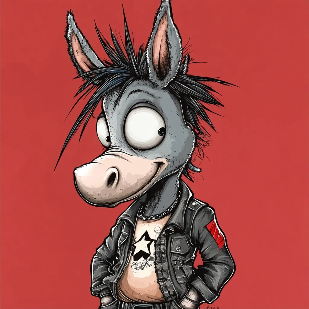 Here's a description of the image:

The illustration features a stylized donkey, rendered in a cartoonish manner.  The donkey sports a rebellious look with spiky black hair, oversized, expressive eyes, and a smirk. It's clad in a black leather jacket with red accents on the sleeves, a studded choker, and a t-shirt bearing a star graphic. The donkey's hands are in its pockets, adding to its nonchalant attitude.  The background is a solid, deep red, creating a striking contrast against the gray-toned donkey.  The overall style is reminiscent of edgy, graphic novel art.