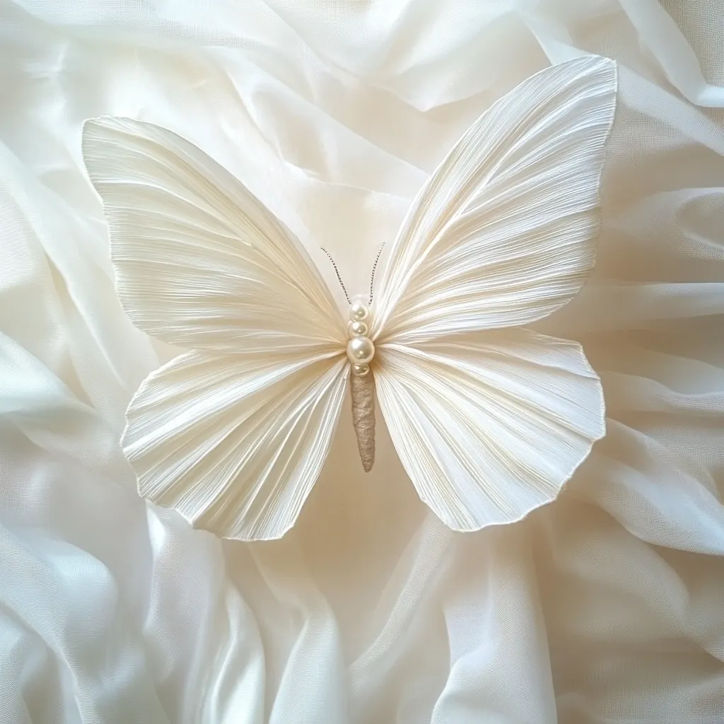 Here is a description of the image:

A meticulously crafted, off-white butterfly brooch rests delicately on a creamy white silk fabric.  The butterfly's wings are intricately pleated, giving them a soft, almost ethereal texture.  Small pearls adorn its body, adding a touch of elegance. The soft light and subtle folds of the silk create a luxurious and peaceful atmosphere, emphasizing the delicate beauty of the handcrafted piece. The overall aesthetic is one of refined simplicity and understated luxury.