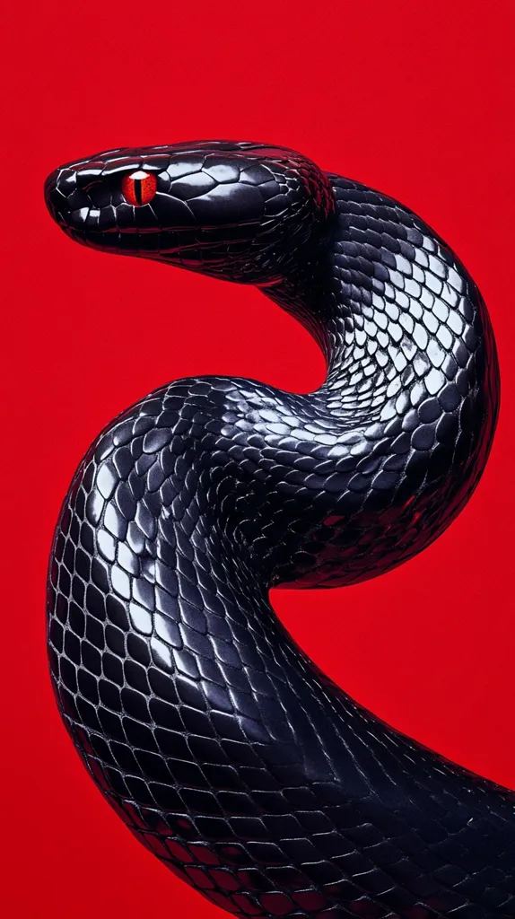 Here's a description of the image:

Close-up view of a black snake, rendered in a highly detailed and glossy style, against a vibrant red background.  The snake's scales are meticulously depicted, showing a pattern of dark, almost black, scales with a subtle sheen. Its head is slightly raised, and one red eye is visible, creating a striking contrast against the dark body. The snake's body curves in an elegant S-shape, filling most of the frame. The overall effect is both visually striking and slightly ominous, due to the bold color choices and the snake's inherent symbolism.