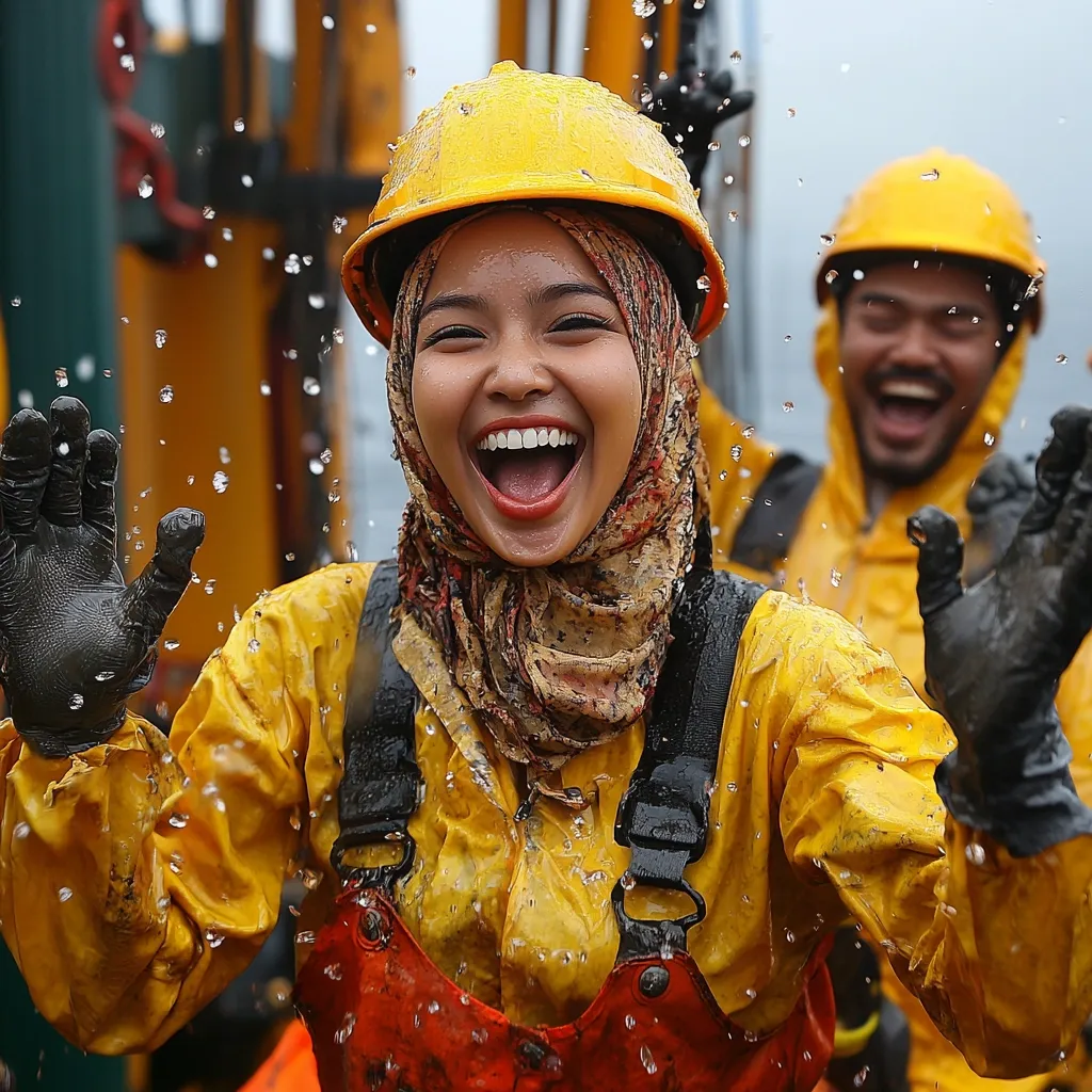 A young woman, wearing a yellow hard hat, hijab, and waterproof overalls, joyfully throws her hands up in the air amidst a spray of water.  Her bright smile is infectious. Another man in similar attire and a hard hat is visible in the background, also appearing happy.  The scene suggests an outdoor, possibly industrial, environment, with a focus on the woman's exuberant expression. The overall impression is one of excitement and shared camaraderie.