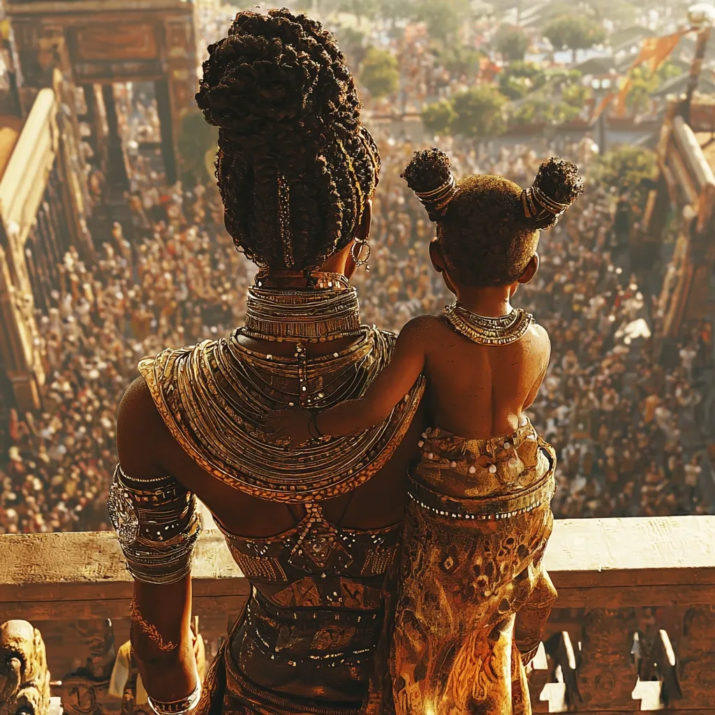 Here's a description of the image:

From a high vantage point, a regal Black woman, adorned in elaborate gold jewelry and a richly textured golden gown, stands with a young girl on her back.  The child, also dressed in gold, has her arms wrapped around the woman's neck.  They gaze down upon a vast crowd of people below, filling a large square or plaza. The architectural style suggests a setting of grandeur and possibly historical significance. The overall scene is one of power, legacy, and a sense of regal authority. The sun's light bathes the scene in warm, golden hues.