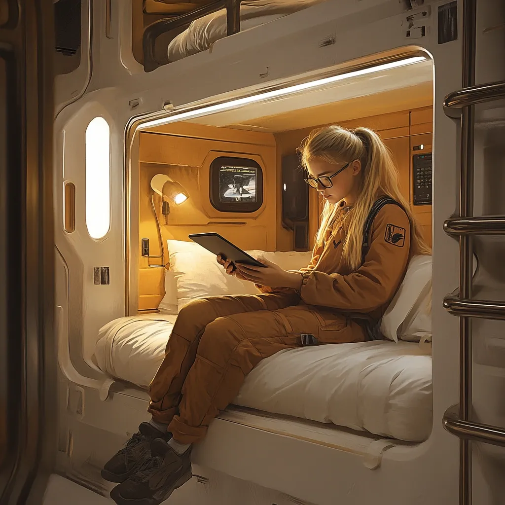 The illustration depicts a young woman, clad in a mustard-colored jumpsuit, comfortably seated on a bed within a futuristic, pod-like sleeping compartment.  The space is minimalist, featuring muted, warm tones. She's engrossed in a tablet, illuminated by a small bedside lamp. The compartment suggests a space-age hostel or capsule hotel, with integrated technology and a compact design.  The overall mood is serene and technologically advanced.