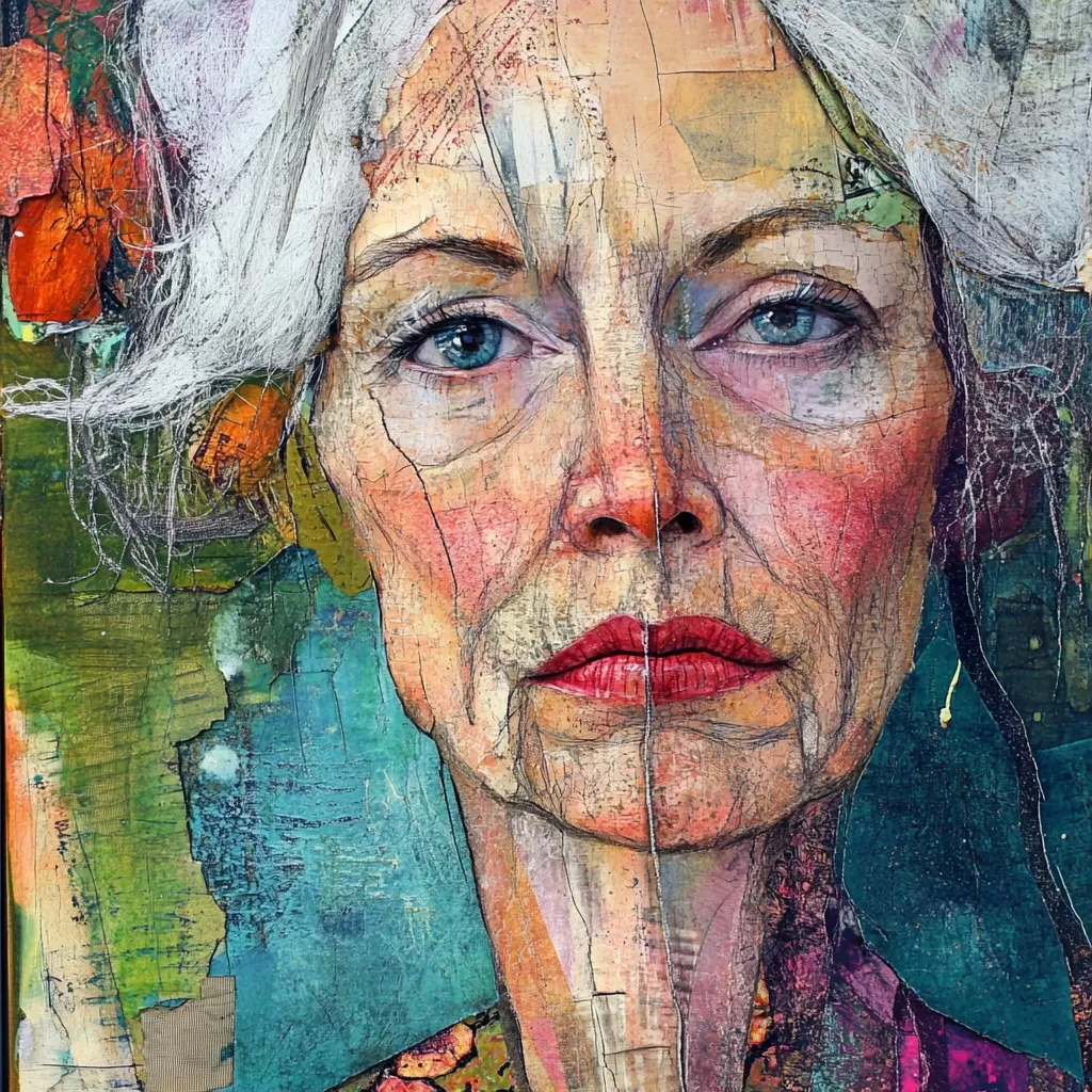 A mixed-media portrait of an older woman with silver hair partially obscuring her face.  Her expression is serious, almost melancholic. The artwork uses a collage technique, layering paint, texture, and seemingly fragmented elements to create a weathered, almost cracked effect on her skin.  The background is a vibrant mix of greens, blues, and hints of orange, reflecting the colors in her hair and possibly suggesting flowers.  The overall effect is one of depth and complexity, highlighting the passage of time and the beauty of aging.