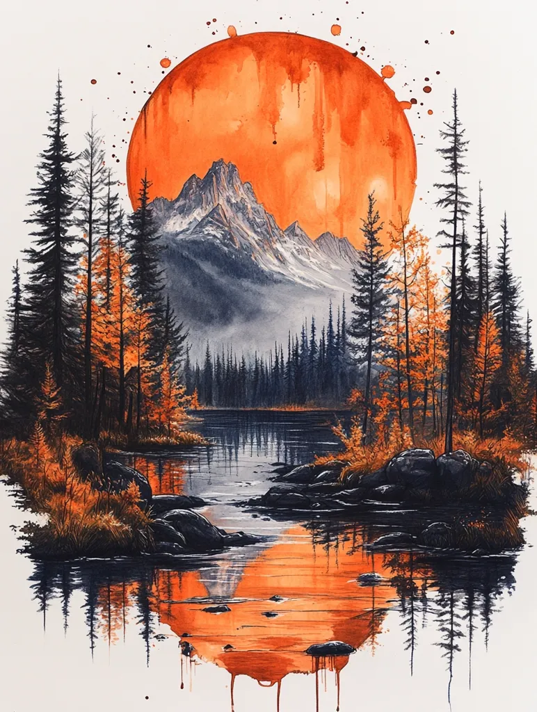 Here's a description of the image:

A watercolor painting depicts a serene autumnal landscape. A large, vibrant orange sun, rendered with dripping watercolor effects, dominates the upper half, setting behind a range of snow-capped mountains. A calm lake reflects the fiery hues of the sunset, its surface mirroring the surrounding landscape. Dark evergreen trees and patches of autumnal foliage frame the lake, their reflections visible in the still water. Rocks line the lake's edge, adding texture to the scene. The overall style is painterly and evocative, with a focus on atmospheric perspective and color.