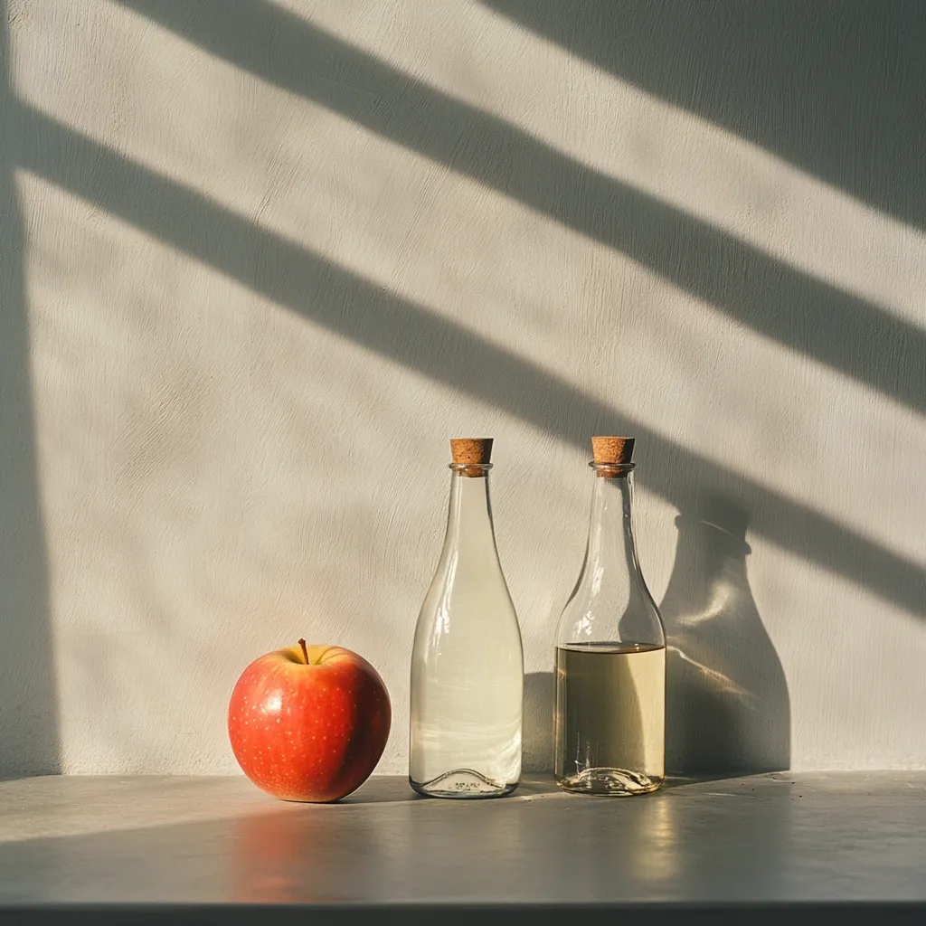 Here's a description of the image:

A still life arrangement features two clear glass bottles with cork stoppers, positioned on a light gray surface.  One bottle is nearly full of a clear liquid, possibly water, while the other contains a light-yellow liquid, suggesting apple cider vinegar. A single, ripe red apple rests to the left of the bottles. The background is a light beige wall, dramatically illuminated by diagonal streaks of sunlight casting strong shadows. The overall mood is minimalist and serene, with a focus on simple shapes and natural light.