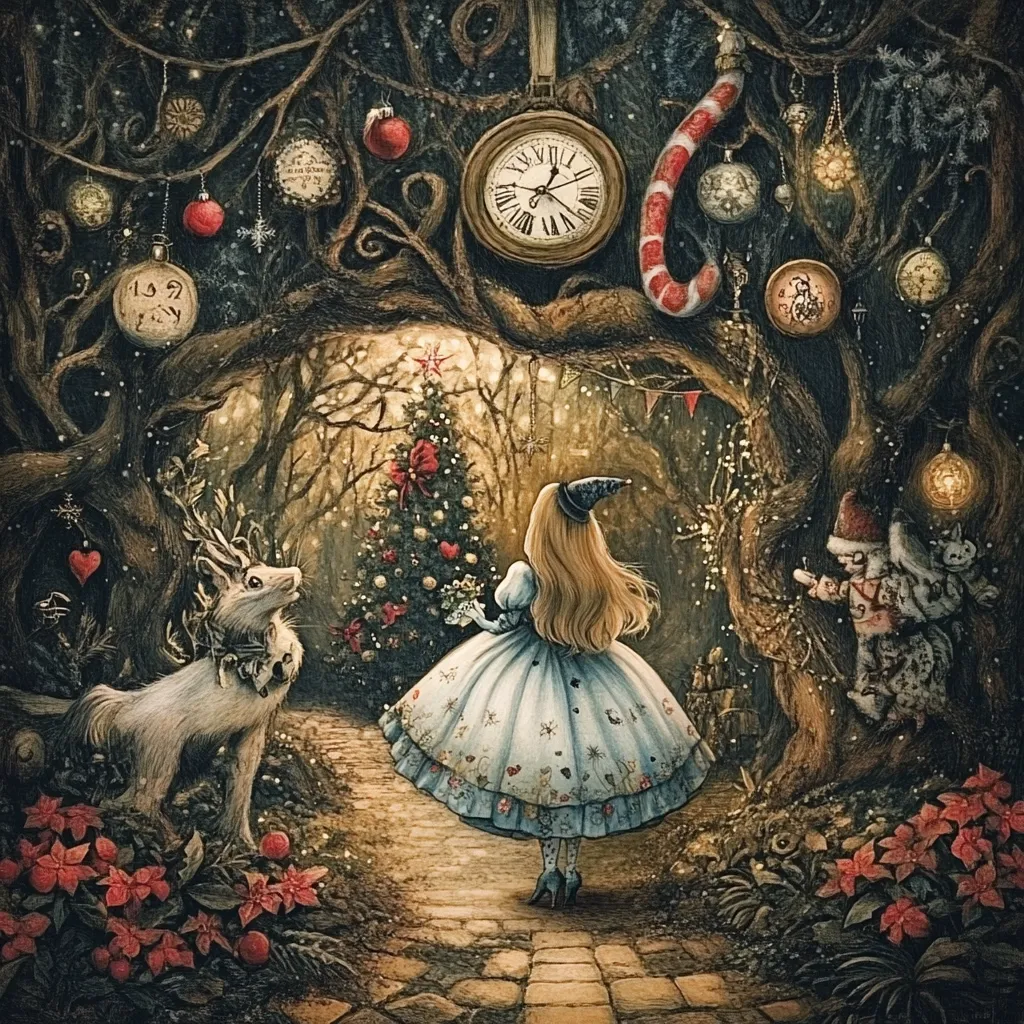 Alice, in her iconic blue dress, stands in a whimsical, wintery forest. A decorated Christmas tree glows in the distance. Ornate clocks and candy canes hang from gnarled branches, alongside various Christmas ornaments. A fantastical creature resembling a reindeer and a pair of whimsical figures peek from behind trees. The scene is rich with detail, evoking a magical and enchanted Christmas atmosphere, blending elements of Alice in Wonderland with a Christmas setting. The overall mood is mysterious and charming.