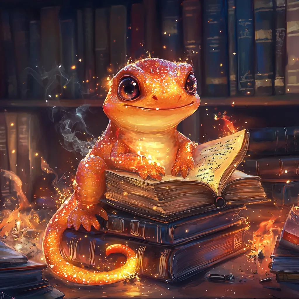 A whimsical digital painting depicts a small, orange, fire-like gecko perched atop a stack of ancient-looking books.  Its tail curls around the books, and small flames and sparks emanate from its body and the surrounding books.  The gecko appears content, almost scholarly, as it seems to read from an open book. The backdrop is a dimly lit bookshelf filled with numerous volumes, adding to the magical and enchanting atmosphere.  The overall style is fantasy-oriented, with a focus on warm, inviting colors.