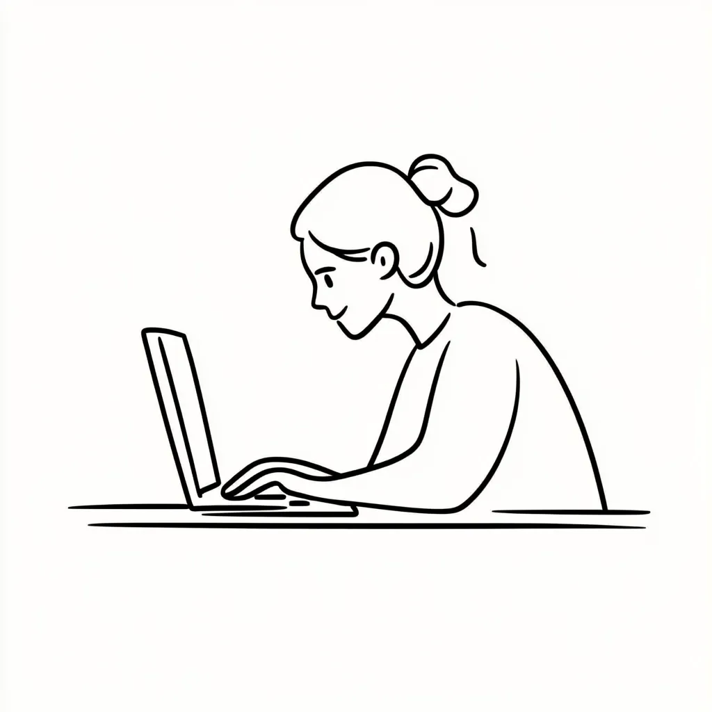 Here's a description of the image:

The illustration is a simple line drawing of a woman sitting at a desk, working on a laptop.  She's depicted from the side, her hair tied up in a bun. Her posture is slightly hunched over as she types. The style is minimalist, focusing on clean lines and a lack of detail, conveying a sense of focus and concentration on her task.  The drawing is black and white, with a plain white background.