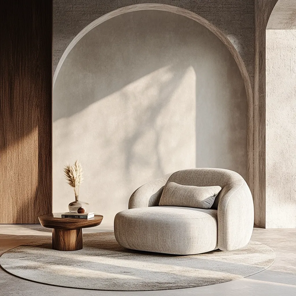 Here's a description of the image:

A serene interior scene features a light beige, rounded armchair positioned on a circular rug. The armchair, with a plush texture, is situated before a curved, textured wall. A low, dark wood coffee table sits in front of the chair, adorned with a vase of dried pampas grass and a book.  The backdrop includes a wood panel and a glimpse of a window, bathed in soft, natural light casting shadows on the wall, creating a minimalist and calming atmosphere. The overall style is modern and sophisticated.