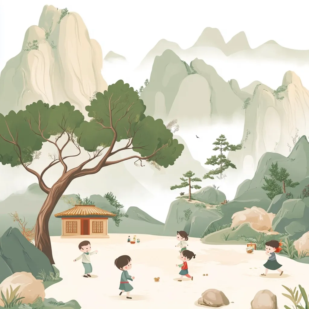 A serene illustration depicts children playing in a picturesque landscape.  Soft, muted greens and beige dominate the color palette.  Misty mountains rise in the background, framing a valley where children are engaged in playful activities.  A small, traditional-style house sits near a large tree, adding to the peaceful, idyllic atmosphere. The style suggests a blend of traditional East Asian art and modern children's book illustration.  The overall mood is calm and charming.