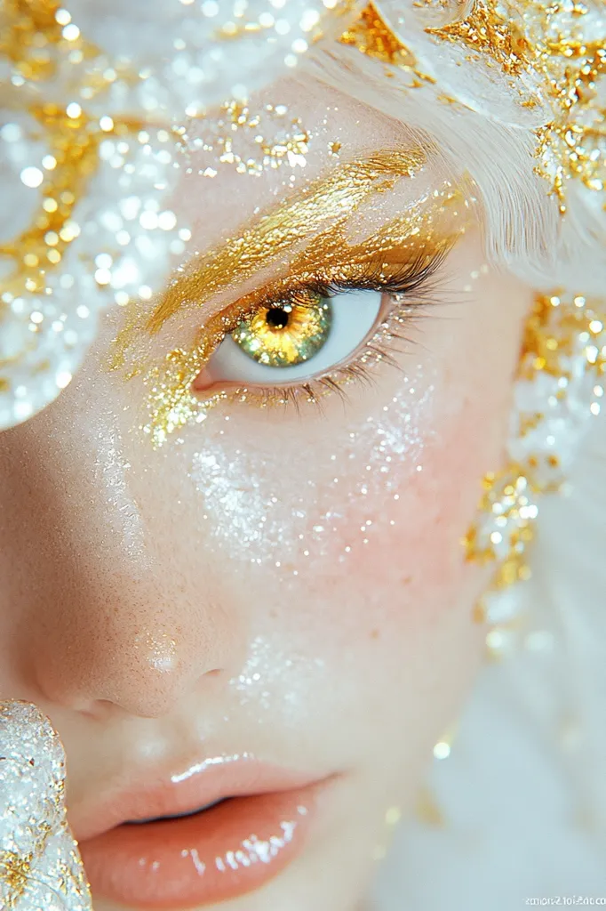 Close-up of a woman's face, adorned with gold and white glitter.  Her makeup features gold eyeshadow and accents, complementing her pale skin and bright, almost golden, eyes.  Delicate, white, possibly feathered, details frame her face, creating an ethereal and magical effect.  The overall image is soft-focus, emphasizing the sparkle and luminosity of the gold and glitter. The lighting is soft and diffused.