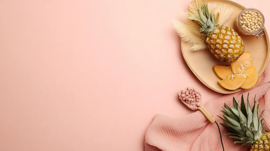 A pastel pink background features a wooden tray holding a whole pineapple and sliced cantaloupe.  A small jar of chickpeas sits nearby.  A wooden spoon holds a pink scrub, and a pink cloth is draped below. A second pineapple sits partially visible in the bottom right corner.  The overall aesthetic is minimalist and suggests a spa or beauty treatment.  The image is largely empty space, drawing the eye to the central arrangement.