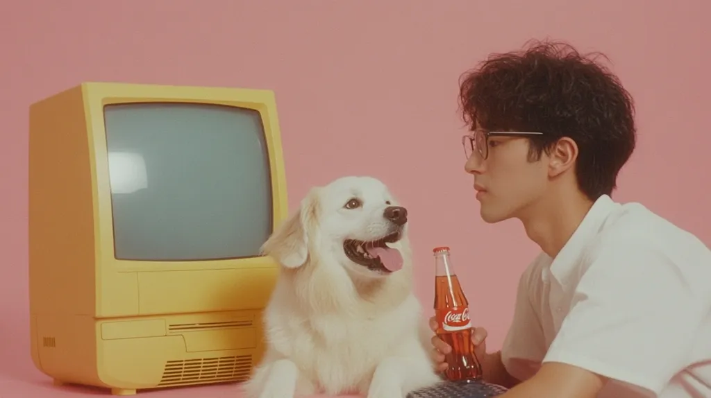 A young man with dark, curly hair and glasses sits on a pink background next to a fluffy white dog.  He holds a bottle of Coca-Cola. A vintage yellow television sits beside them. The overall aesthetic is retro and pastel, creating a calm and slightly nostalgic mood.  The scene is simple, focusing on the interaction between the man, his dog, and the retro elements.