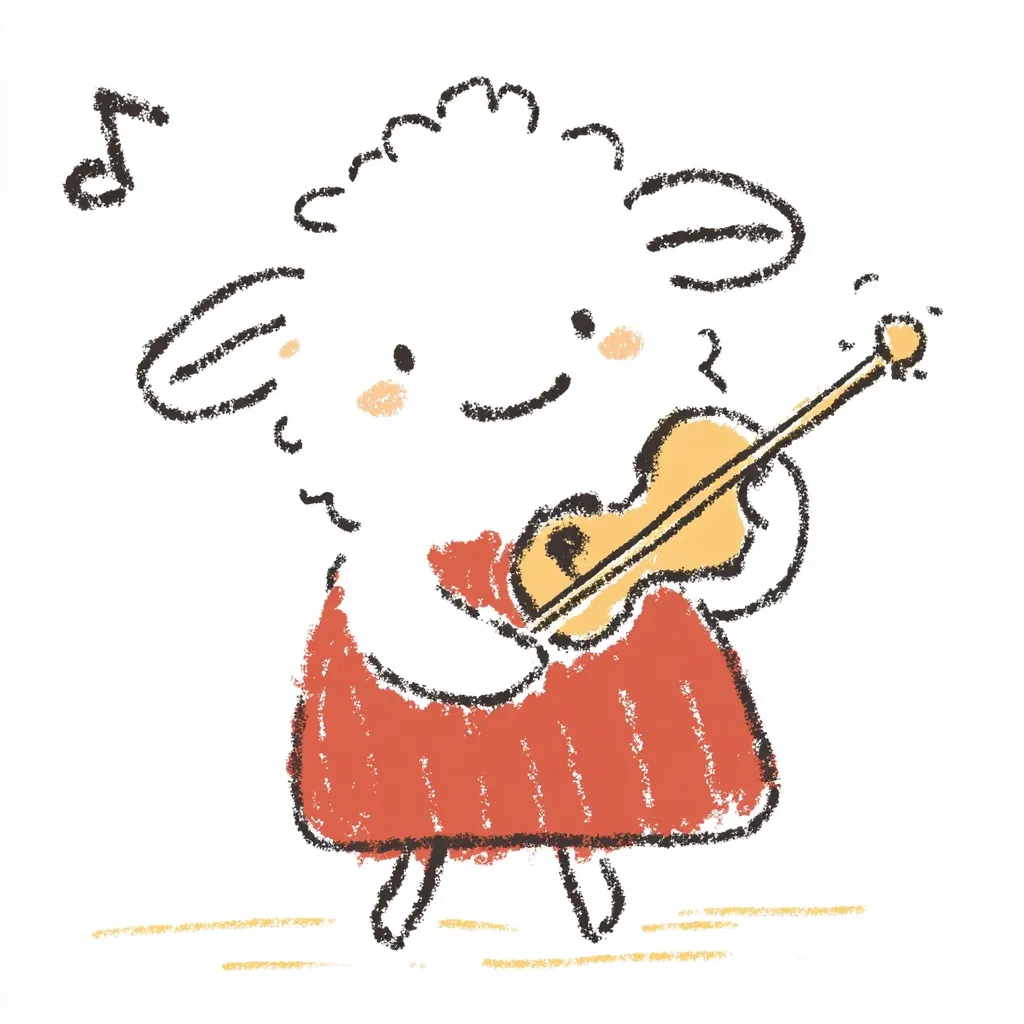 Here's a description of the image:

The illustration depicts a charming, cartoonish sheep playing a violin.  The sheep is white with simple, softly drawn features, conveying a cheerful expression. It wears a reddish-orange dress. The violin is light brown, and a musical note floats above the sheep's head. The drawing style is childlike and whimsical, using crayon-like strokes for texture and a pastel-like color palette. The background is a plain white, focusing attention on the central figure. The overall feel is sweet and innocent.