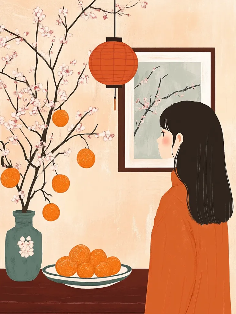 Here's a description of the image:

The illustration depicts a serene interior scene. A young woman with long dark hair, dressed in a burnt orange coat, stands in profile, gazing towards a framed picture of blossoming branches.  A flowering plum branch, laden with oranges, is displayed in a dark teal vase.  A bowl of additional oranges sits on a dark brown table in the foreground. A traditional orange Chinese lantern hangs above, adding a festive touch to the calming, minimalist aesthetic. The color palette is warm and muted, emphasizing a peaceful and contemplative mood.