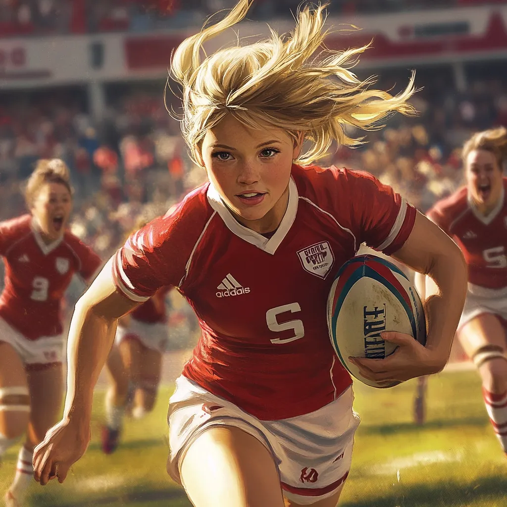 Here's a description of the image:

The image is a dynamic close-up of a young woman, blond hair flying, intensely focused as she runs with a rugby ball during a game.  She wears a red jersey with "adidas" and a number "5" clearly visible, along with tournament branding. The background is blurred but shows other players in similar red uniforms, suggesting a team sport. The overall style is vibrant and painterly, with dramatic lighting highlighting the woman's determined expression and the energy of the moment.  The image evokes a sense of speed, power, and athleticism.