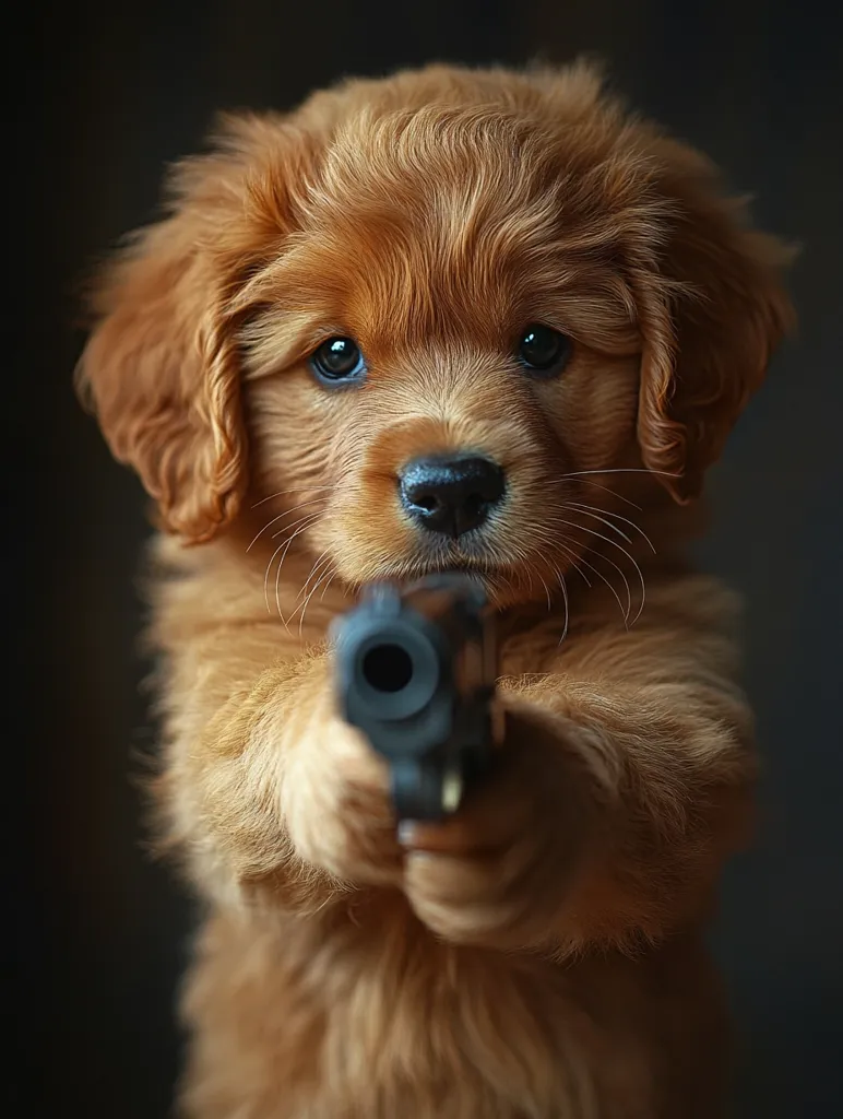 Here's a description of the image:

Close-up view of an adorable, fluffy reddish-brown puppy, possibly a Golden Retriever mix, holding a small handgun with both paws.  The puppy's expression is serious, its large, expressive eyes focused intently on the viewer. The dark background contrasts sharply with the puppy's light fur, making it the clear focal point of the image.  The scene is somewhat humorous and unexpected, due to the contrast between the cute puppy and the weapon it's holding. The overall impression is playful yet slightly unsettling.