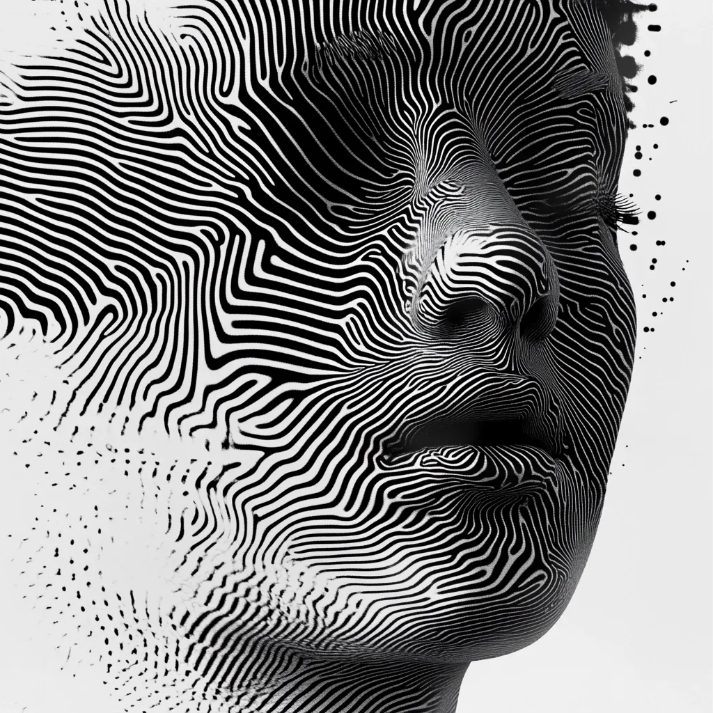 The image is an abstract black and white portrait of a person's face.  The face is rendered using intricate, swirling lines that create a three-dimensional effect. These lines resemble fingerprints or topographical maps, giving the image a textured, almost scientific quality.  The style is reminiscent of digital art or a graphic design piece.  The background is a light gray, with some scattered black dots that add to the abstract and stylized nature of the piece. The overall feeling is one of both beauty and complexity.