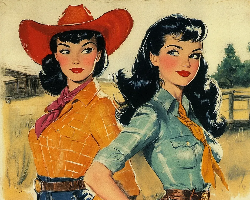 Here's a description of the image:

The illustration depicts two attractive women, styled in a mid-century pin-up aesthetic.  One wears a bright orange plaid shirt and a red cowboy hat, while the other sports a teal shirt and a dark brown belt. Both have dark, voluminous hair styled in a similar fashion. They are positioned against a rural backdrop suggesting a ranch setting, with a hint of a barn and some trees visible in the background. The overall style is reminiscent of vintage Western-themed artwork, possibly from a magazine cover or advertisement.  Their poses and expressions are flirtatious and confident.
