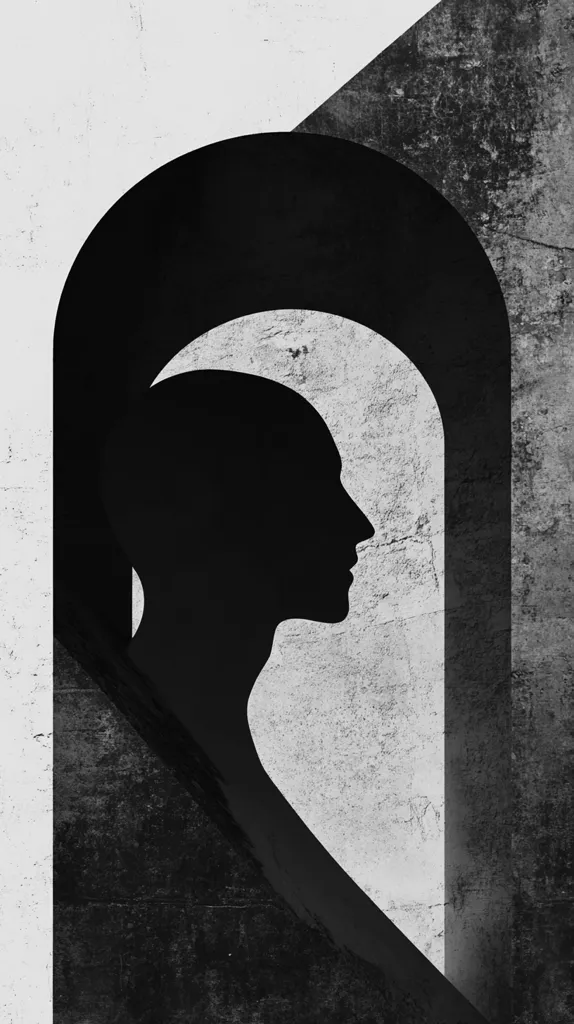 The image is a monochromatic abstract artwork featuring a stark black silhouette of a person's head and shoulders in profile.  The silhouette is set against a textured, light gray background within a dark, arch-shaped opening.  The background texture resembles weathered concrete or stone, creating a contrast with the smooth lines of the figure and the arch. The overall mood is somber and contemplative, with the composition emphasizing the isolation or introspection of the subject.