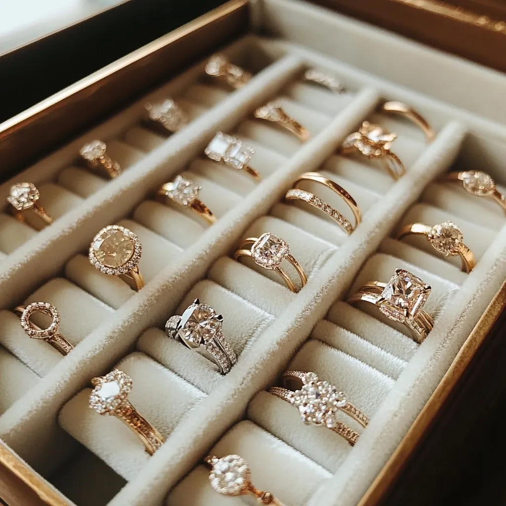 A luxurious wooden jewelry box displays a curated collection of diamond engagement rings.  Each ring, set in gold, features various styles and cuts of diamonds, showcasing a range of solitaire, halo, and pave settings. The rings are neatly arranged in individual compartments of a soft beige velvet lining. The overall aesthetic is elegant and sophisticated, highlighting the sparkle and beauty of the precious stones.