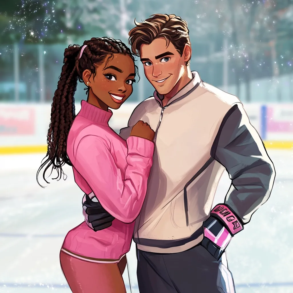 A digital illustration depicts a young, attractive couple at an ice rink.  The woman, with long braided dark hair and warm brown skin, wears a pink sweater and short athletic skirt.  The man, with light brown hair, smiles warmly as he stands with his arm around her. He's dressed in a cream and grey bomber jacket and dark grey pants, one hand resting on a pink hockey glove. The background is a softly blurred ice rink, with hints of snow and bokeh effects suggesting a wintry atmosphere.  The style is reminiscent of modern digital art, with soft shading and vibrant colors.
