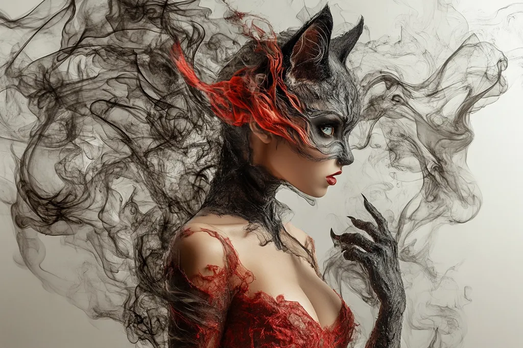 The image presents a striking figure, seemingly a woman, adorned in a dark, intricate mask resembling a feline or fox.  Her costume incorporates a red, lace-like material over her upper body, contrasted by dark, claw-like hands.  Swirling black smoke or ink flows around her, adding a mystical, ethereal quality. The overall effect is dramatic, suggestive of fantasy or a dark fairytale.  Her expression is subtle, a hint of defiance or mystery in her gaze.