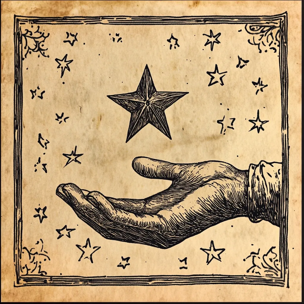 Here's a description of the image:

The image is a stylized drawing reminiscent of vintage engravings or tarot card art.  A large, open hand, rendered in detailed ink lines, is positioned centrally, palm up.  Above the hand, a five-pointed star floats, appearing to rest gently in the palm’s space.  Numerous smaller stars are scattered across a parchment-like background, enclosed within an ornate, rectangular frame. The style is dark and evocative, possibly suggesting themes of hope, destiny, or reaching for dreams. The aged paper texture adds to the antique aesthetic.