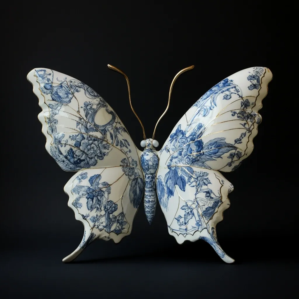 Here's a description of the image:

The photograph showcases a meticulously crafted porcelain butterfly sculpture against a stark black backdrop.  The butterfly's wings are predominantly off-white, adorned with a detailed blue and white floral pattern reminiscent of chinoiserie.  Gold accents delicately outline the wing veins and pattern elements. The antennae are thin and gold, contrasting the porcelain body.  The image's high contrast and sharp focus highlight the intricate details of the sculpture, emphasizing its artistic and delicate nature.