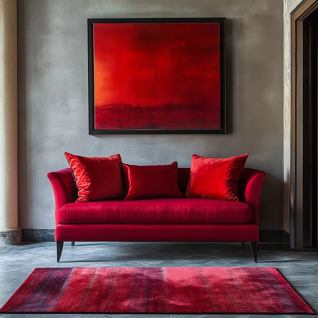 A crimson velvet settee sits on a red and burgundy rug against a grey wall. Three plush crimson velvet pillows rest on the settee.  Above the settee, a large, square painting features varying shades of red, creating a dramatic, monochromatic color scheme. The setting is sophisticated and minimalist, with a touch of opulence.  A sliver of a doorway is visible to the right.