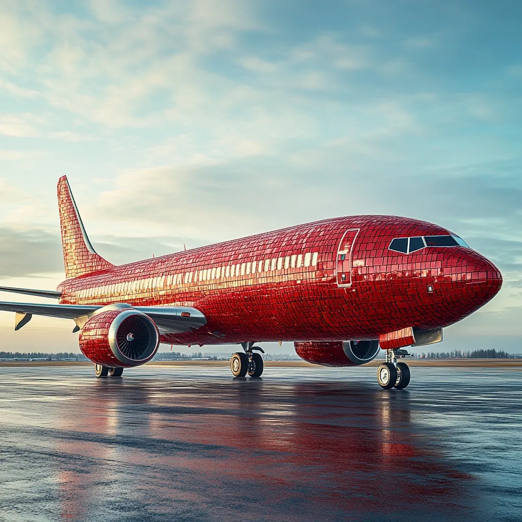 A vibrant red Boeing 737-800 airplane sits on a wet tarmac, under a partly cloudy sky.  The aircraft's exterior is uniquely covered in small, square, red tiles, creating a textured appearance.  The plane is positioned slightly angled, with its landing gear down, suggesting it has either just landed or is preparing for takeoff. The reflective surface of the tarmac mirrors the plane and sky.