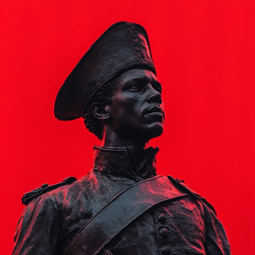 Here's a description of the image:

Close-up view of a dark bronze statue, possibly depicting a military officer, set against a vibrant red background. The statue is wearing a bicorne hat and a military-style jacket with epaulets and a cross-body sash. The figure's gaze is directed upward and to the right, conveying a sense of contemplation or resolve. The lighting emphasizes the texture of the bronze, highlighting the details of the clothing and facial features. The contrast between the dark statue and the bright red backdrop creates a dramatic and striking image.