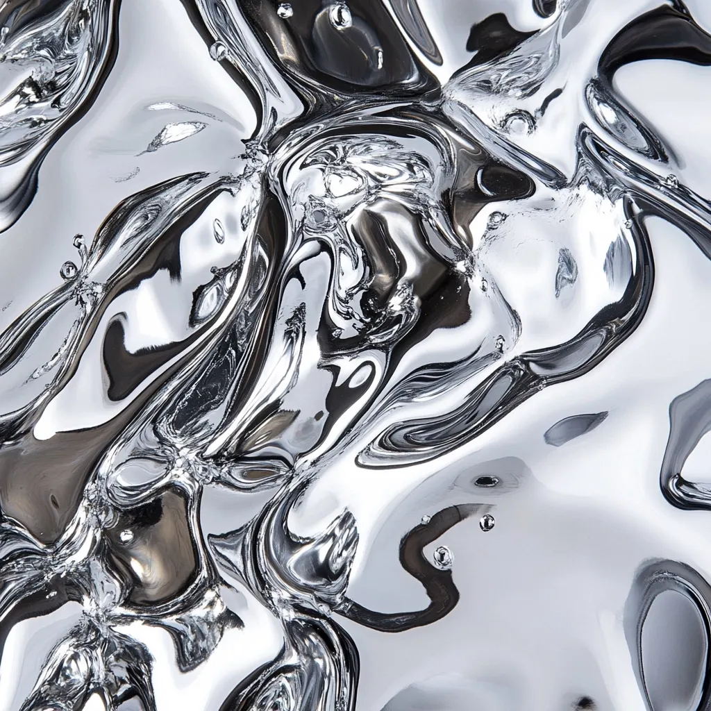 The image is an abstract close-up of a liquid, possibly mercury or a highly reflective substance.  The surface is highly textured, with swirling, undulating forms creating peaks and valleys of light and shadow.  The liquid appears viscous, with small bubbles trapped within its depths.  The overall effect is one of fluidity and metallic sheen, with shades of silver and dark gray dominating the composition. The reflections within the liquid add to its complex and captivating visual texture.