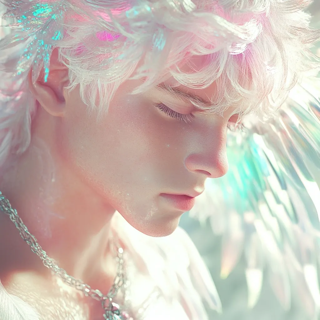 Here's a description of the image:

The image is a close-up portrait of a young person with remarkably pale skin and long, wavy, white hair adorned with an iridescent, feathery headdress.  Their eyes are closed, and their expression is serene and pensive.  The lighting is soft and ethereal, enhancing the otherworldly feel.  A delicate silver chain necklace rests on their chest. The overall effect is dreamlike and fantastical, suggesting a mythical creature or ethereal being. The background is blurred, drawing focus to the subject's delicate features and the iridescent details of their hair and headdress.