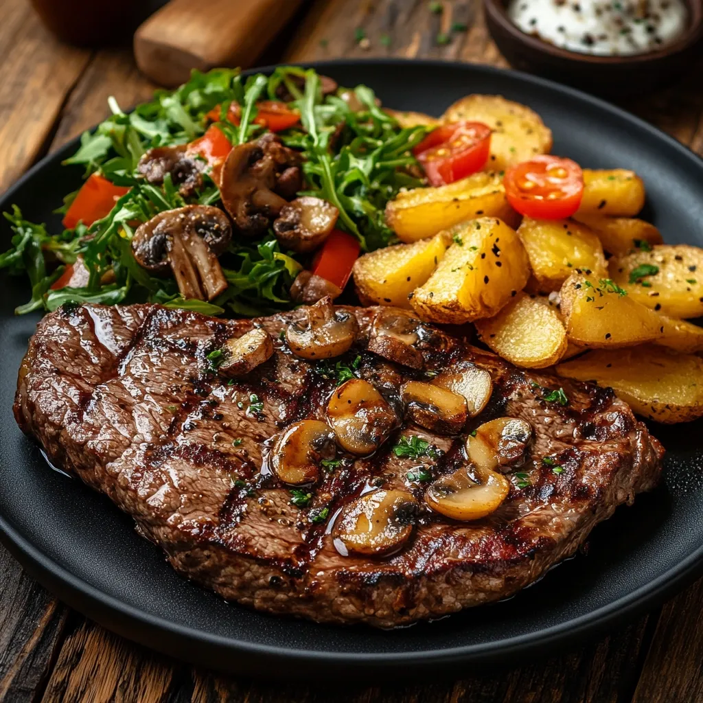 A perfectly grilled steak, glistening with a rich brown hue, is the centerpiece of this hearty meal.  Topped with sautéed mushrooms and served on a black plate, it's accompanied by a vibrant side salad of arugula, cherry tomatoes, and mushrooms.  Golden-brown potato wedges and a small bowl of what appears to be a creamy sauce complete the image, suggesting a delicious and satisfying steak dinner.  The rustic wooden background enhances the overall presentation.