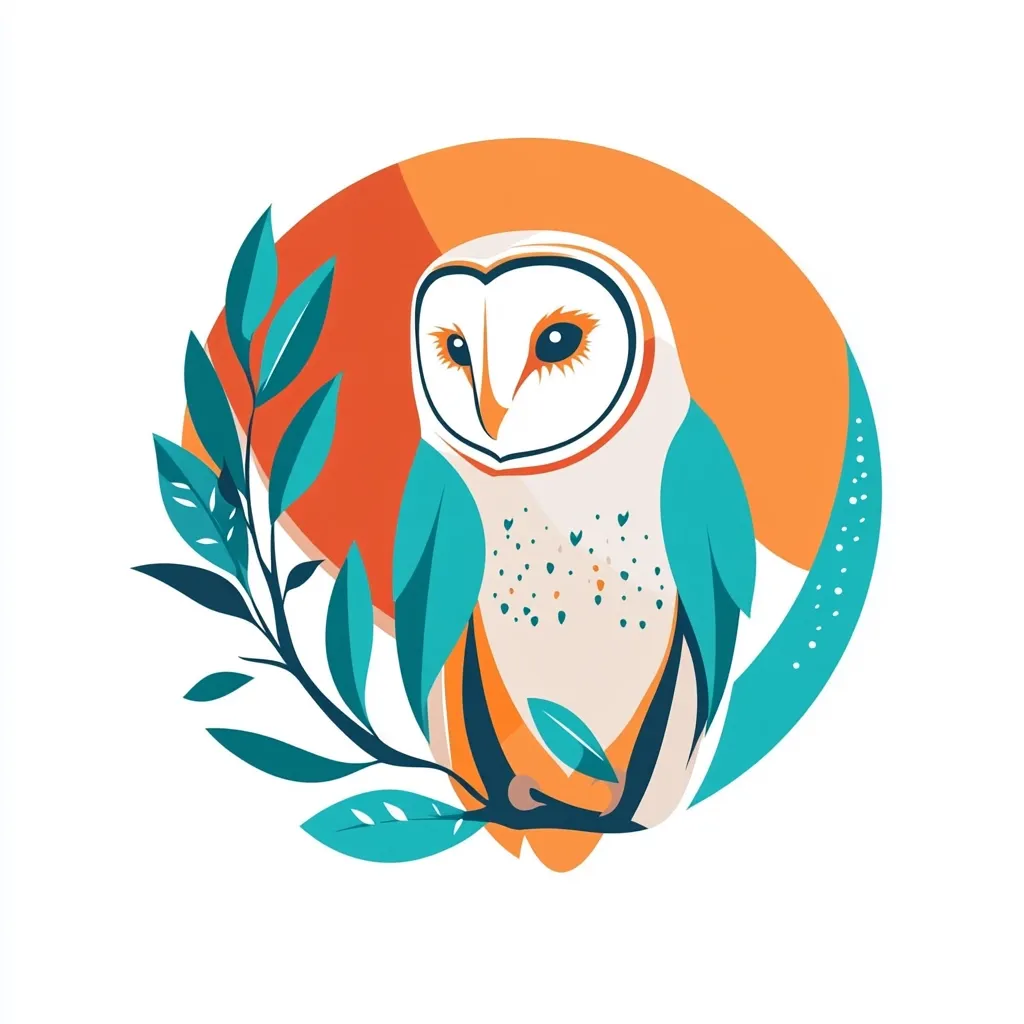 Here's a description of the image:

The illustration features a stylized barn owl perched on a branch. The owl is depicted in a vibrant color palette, with teal wings and a creamy white body speckled with tiny hearts. Its large, expressive eyes are a striking orange-brown.  The owl is centered within a circular frame, featuring an orange-toned background suggesting a sunset, partially obscured by teal leaves.  The overall style is modern and artistic, with bold, flat colors and clean lines. The image evokes a sense of tranquility and natural beauty.