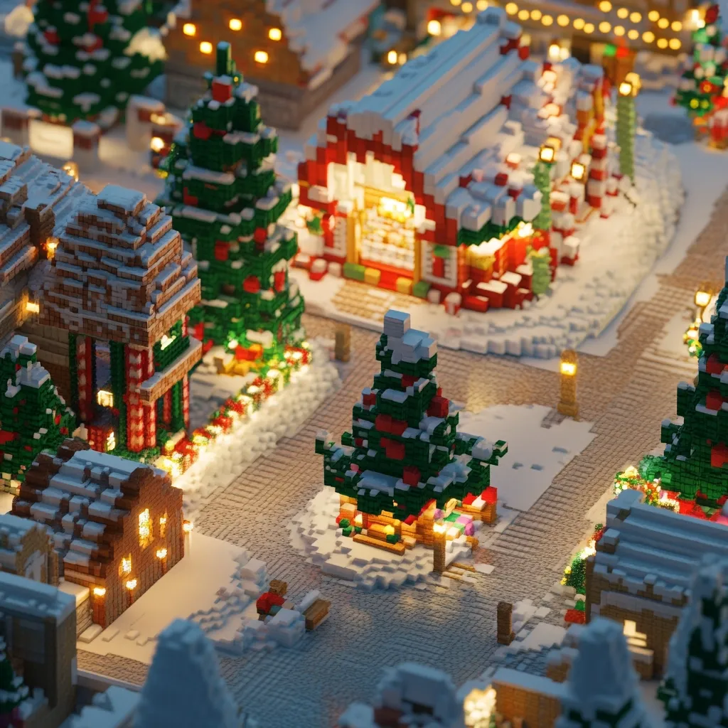 Here's a description of the image:

A charming, pixelated winter village scene is depicted, seemingly rendered in a Minecraft-like style.  Snow-covered, cube-shaped houses and shops are illuminated with warm, inviting lights.  Ornate Christmas trees, adorned with red ornaments, stand prominently in the village square and beside buildings.  The overall aesthetic is cozy and festive, creating a miniature winter wonderland.  The detailed textures and lighting give the scene a three-dimensional quality.