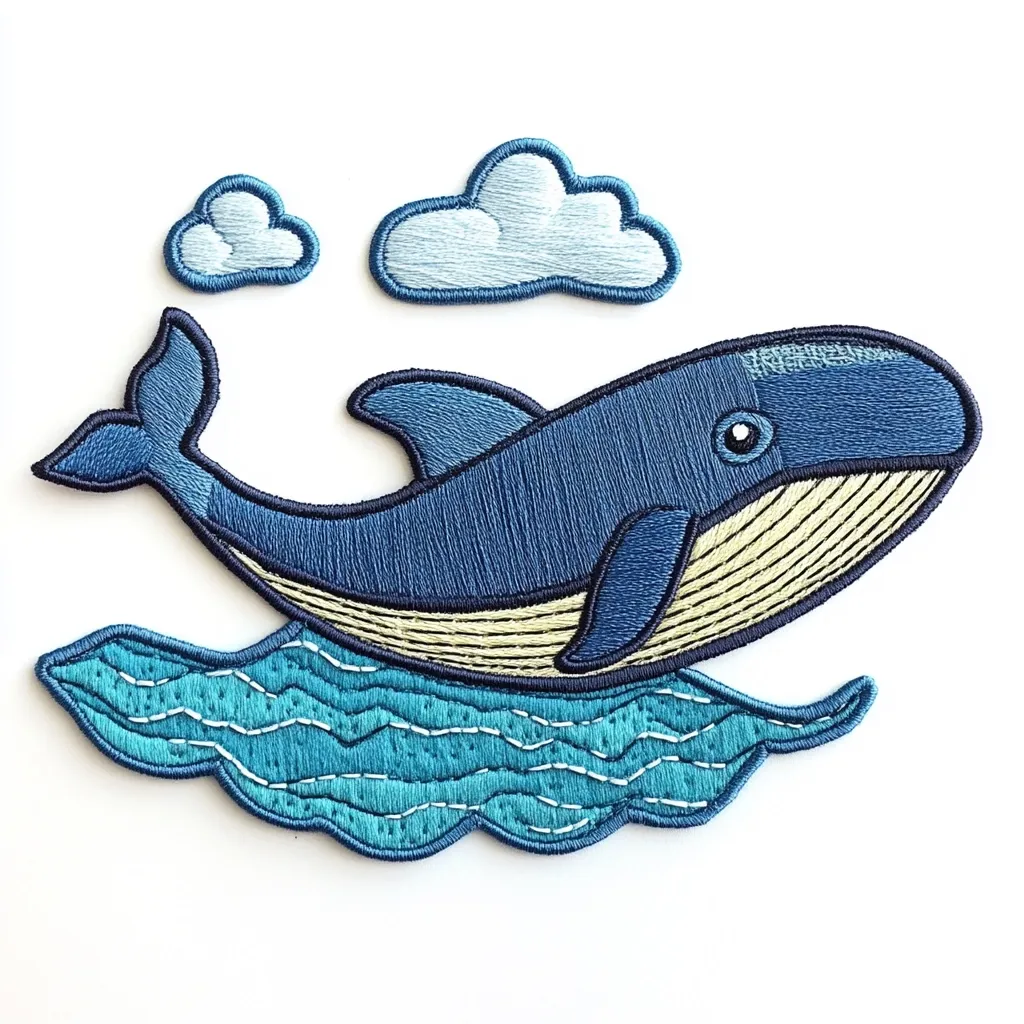 This is a charming embroidered patch depicting a whale playfully breaching the waves. The whale is a dark blue, with lighter blue accents and a cream-colored underbelly. It’s shown leaping over stylized, turquoise water, with two small, light blue embroidered clouds above.  The stitching is detailed, giving the image a hand-crafted feel, perfect for adding a whimsical touch to clothing or crafts.