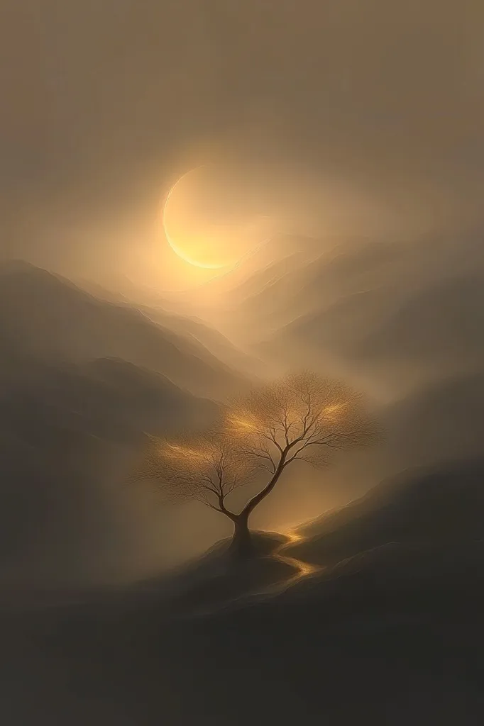 Here's a description of the image:

The artwork depicts a serene, minimalist landscape bathed in a warm, golden light. A crescent moon hangs in the hazy sky above rolling, misty mountains. A lone, leafless tree stands prominently in the foreground, its branches reaching towards the celestial body. A faint path winds down the mountainside towards the tree. The overall mood is peaceful, ethereal, and slightly melancholic, evoking a sense of solitude and tranquility in a mystical, dreamlike setting. The color palette is muted and harmonious, dominated by varying shades of gold and brown.