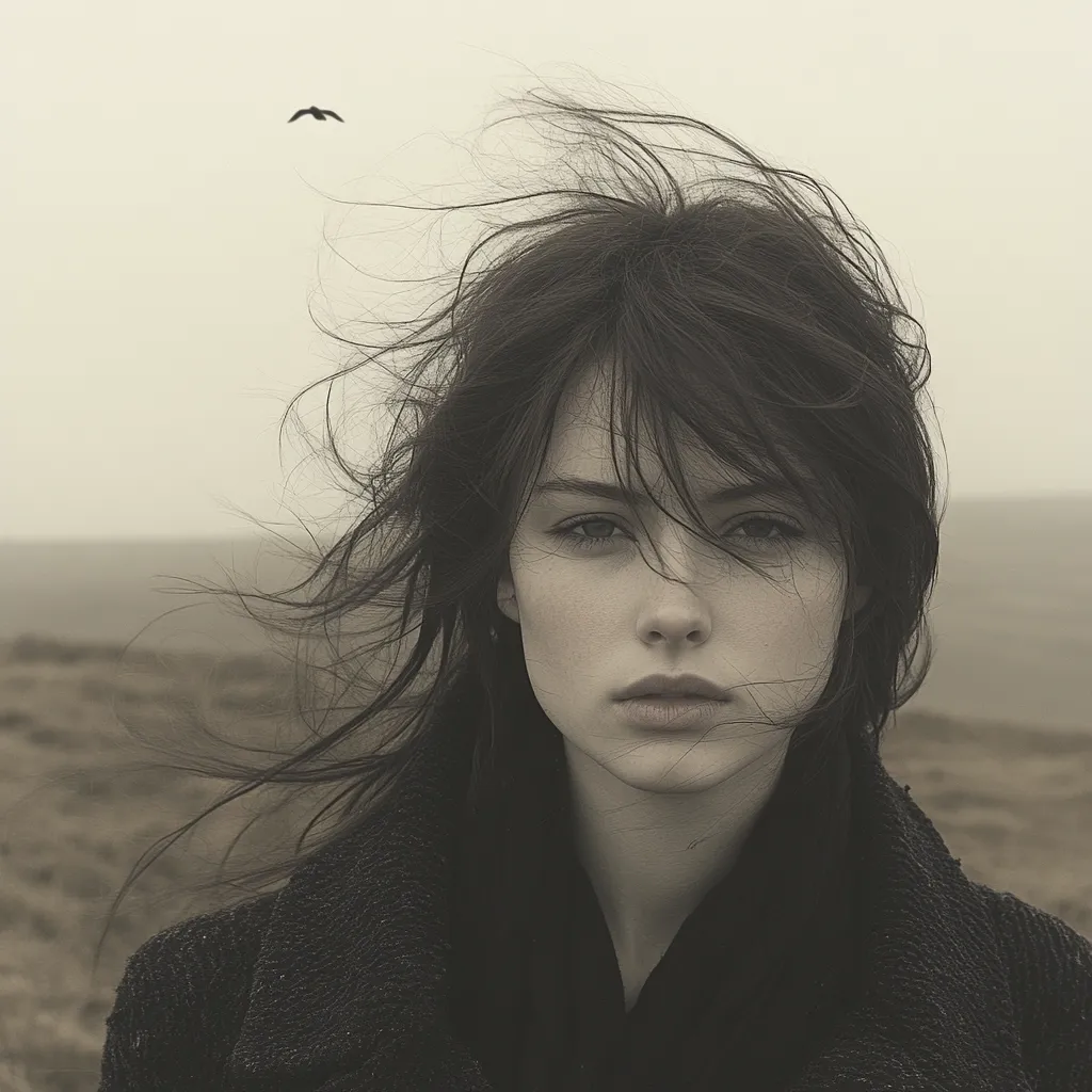 Here's a description of the image:

A young woman with long, dark hair, windswept and tousled, stares directly at the camera. Her expression is serious, almost melancholic.  She wears a dark, textured coat, providing a contrast to her pale skin. The background is a blurred, muted landscape, appearing desolate and under a hazy sky. A lone bird is visible in the distance, adding to the feeling of isolation. The overall mood is somber and evocative, hinting at loneliness or contemplation. The sepia-toned palette enhances the image's atmospheric quality.