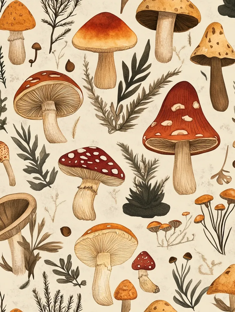 Here's a description of the image:

The image is a seamless pattern featuring a whimsical collection of watercolor mushrooms and foliage. Various mushroom species are depicted, ranging in color from earthy browns and oranges to vibrant reds with white spots.  The mushrooms are rendered with meticulous detail, showcasing their textures and shapes.  They are interspersed with delicate sprigs of greenery and small, detailed plants, creating a balanced and aesthetically pleasing composition on a creamy beige background.  The overall style is reminiscent of botanical illustrations, evoking a sense of natural beauty and tranquility.
