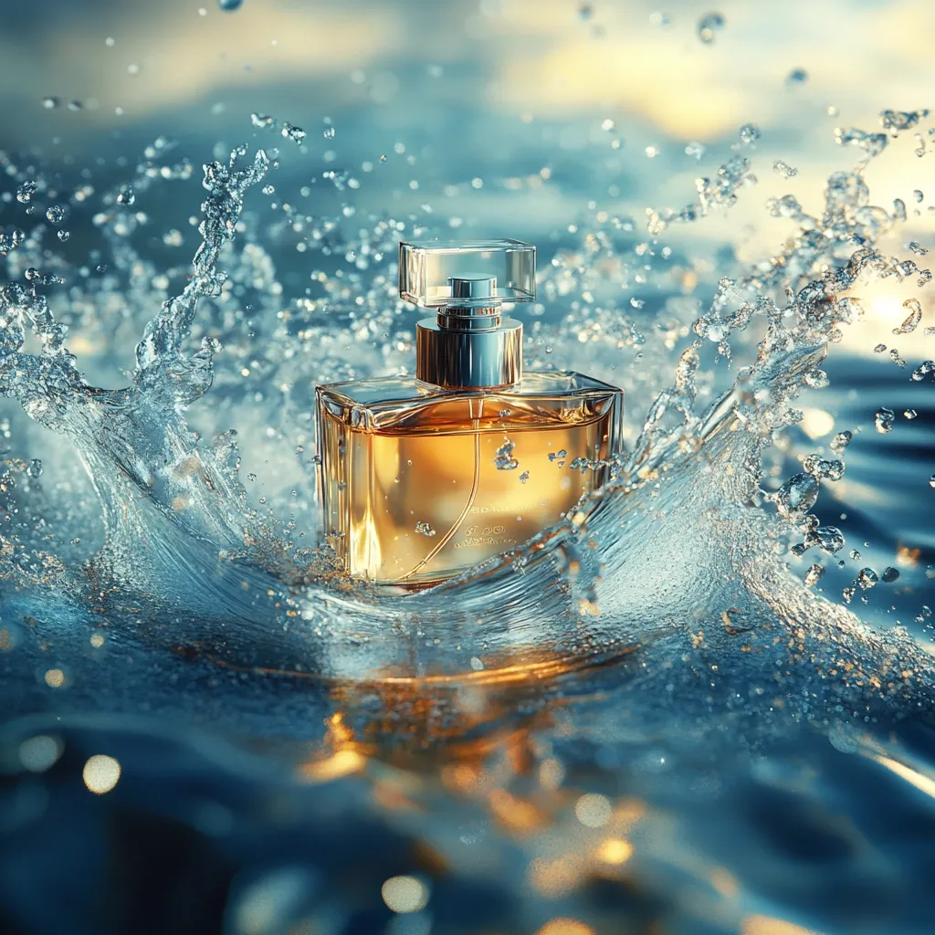 A luxurious perfume bottle, amber-colored liquid visible within its clear glass, rests in a splash of vibrant water. The water droplets are suspended mid-air, creating a dynamic, almost ethereal effect.  The scene is bathed in warm, golden light that contrasts beautifully with the cool tones of the water. The overall mood is one of elegance and sophistication, hinting at the fragrance's essence.