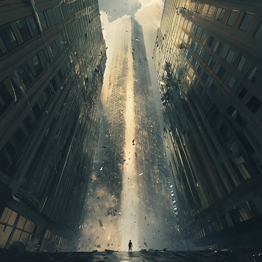 Here is a description of the image in approximately 100 words:

The image presents a dramatic, surreal cityscape. A towering skyscraper, seemingly splitting apart, dominates the center.  Debris, dust, and smaller fragments rain down from its crumbling structure, creating a vortex-like effect. Two damaged, dark high-rise buildings flank the central tower, their angles converging towards a solitary figure standing at the bottom. The overall atmosphere is one of destruction and decay, yet there's a stillness around the lone person, who seems dwarfed by the scale of the apocalyptic scene. The color palette is muted, emphasizing the somber and apocalyptic tone. The perspective is strongly exaggerated, drawing the viewer's eye up to the collapsing tower.